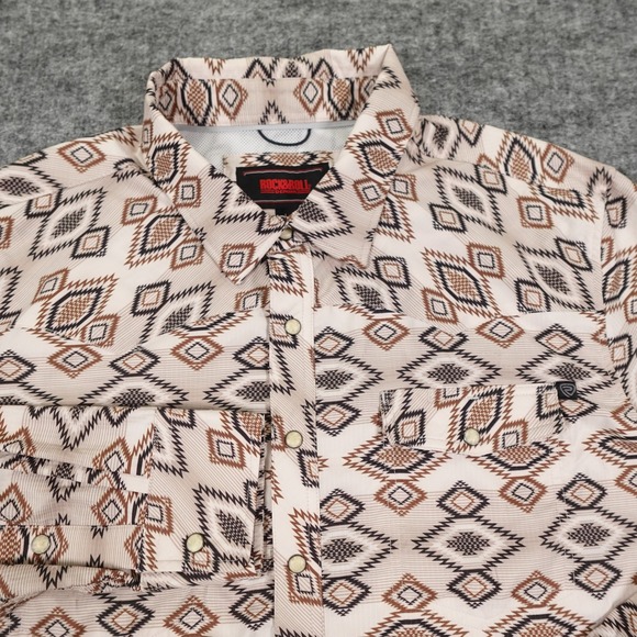 Rock & Roll Denim Shirt Mens Large Beige Aztec Western Pearl Snap Long Sleeve - Picture 1 of 13